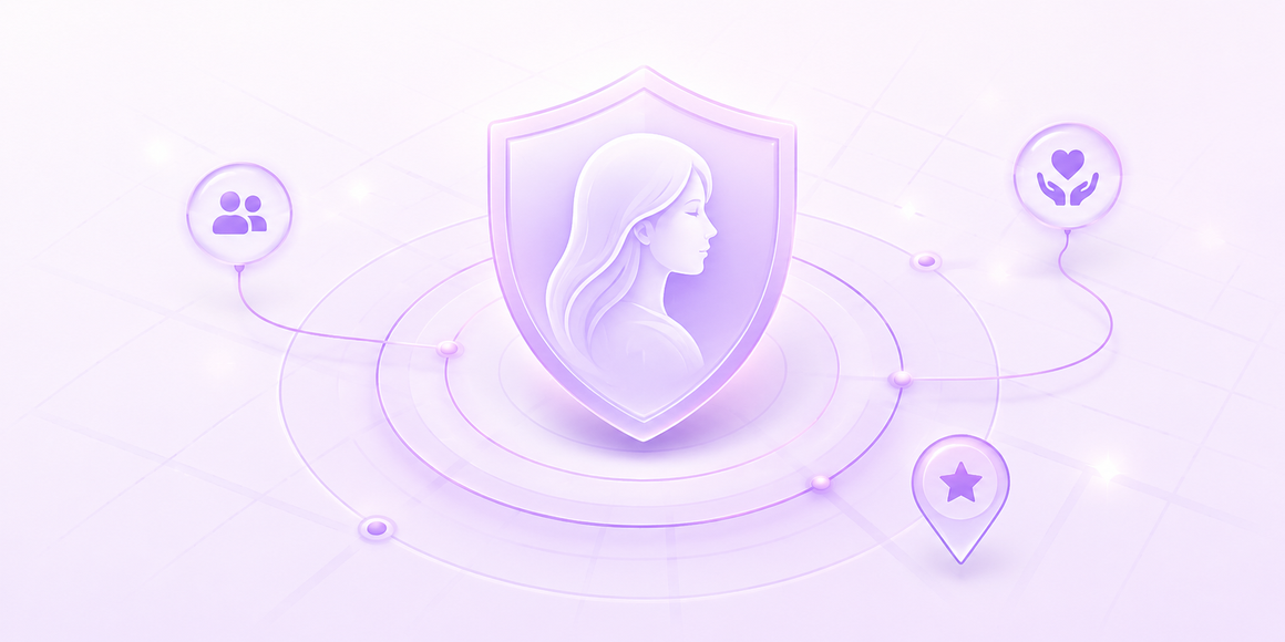 Imagem do aplicativo Precauti com escudo, rede de confiança e pontos de proteção